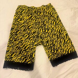 Sourpuss Deadstock neon Yellow and Black Tiger-Print Shorts with Lace Trim